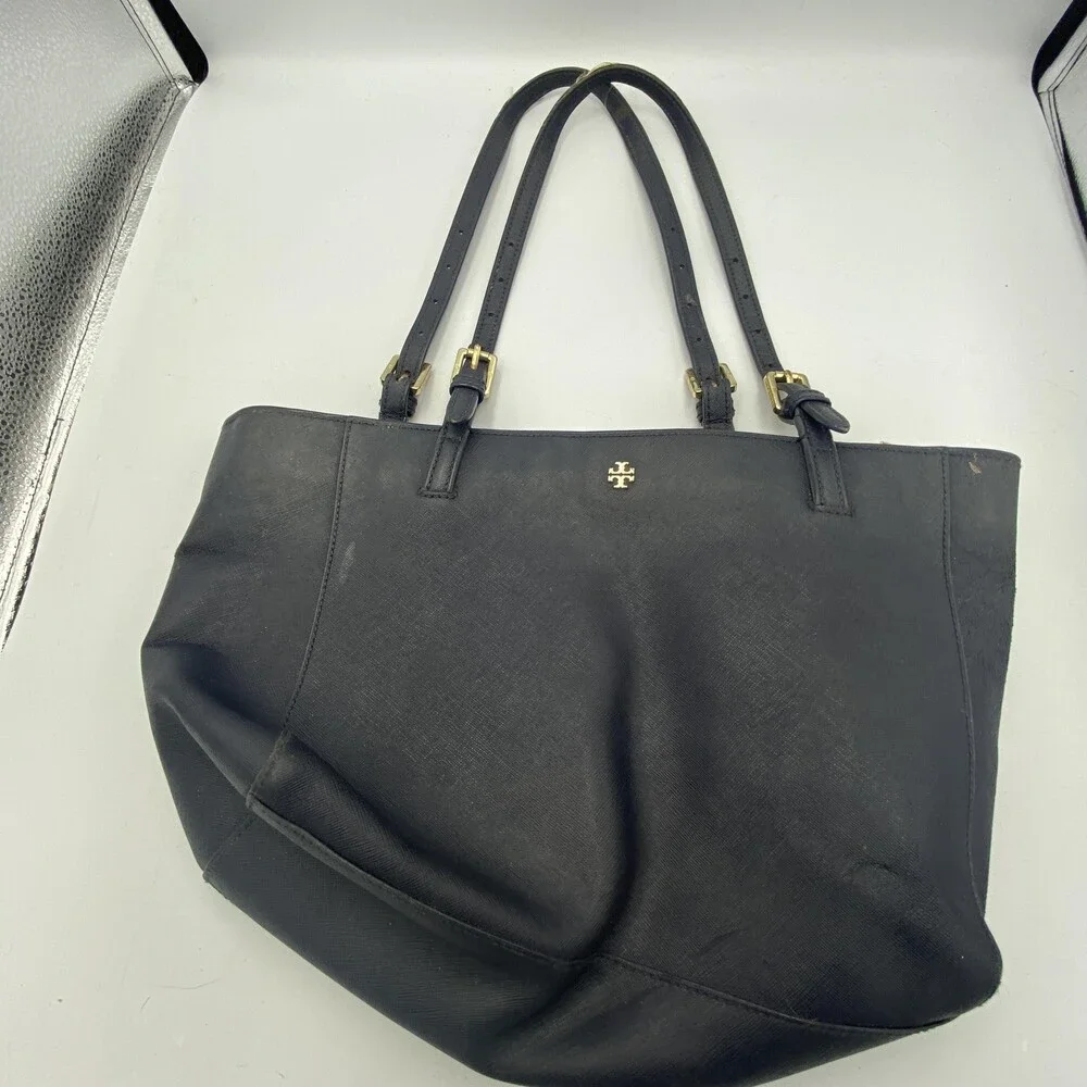 Tory Burch Tote Bag Womens Large Black Leather Shoulder Purse Blue Lining